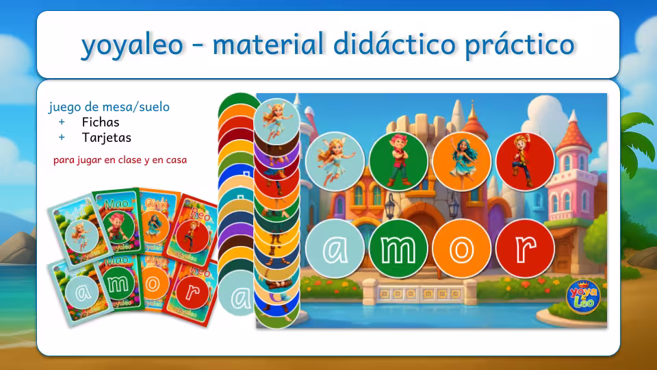 Material didáctico físico con fichas, tarjetas y juego